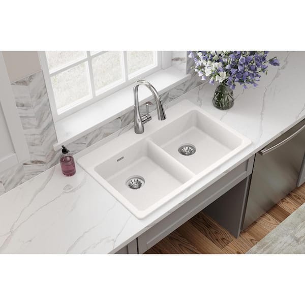 Quartz Classic 33 in. Drop-in Double Bowl White Granite/Quartz Composite Kitchen ADA Sink w/ Accessories