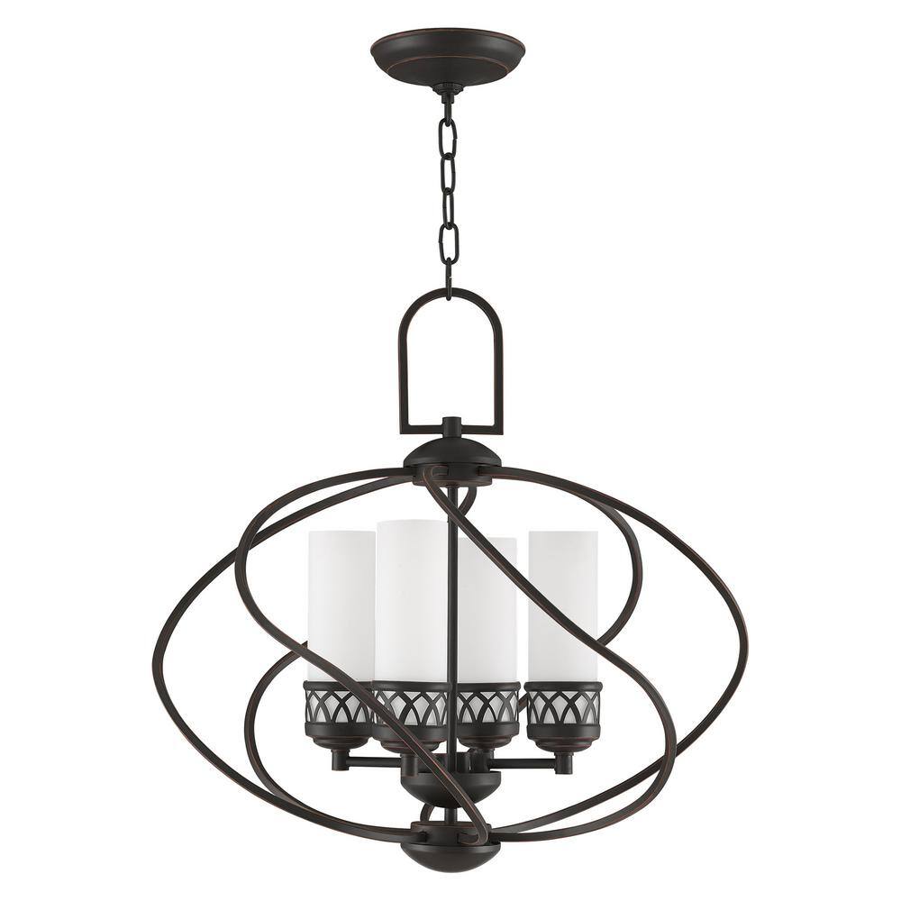 Olde Bronze 4-Light Chandelier with Satin White Glass