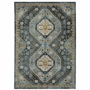Blue Gold Ivory and Navy 3 ft. x 5 ft. Oriental Power Loom Stain Resistant Fringe with Area Rug