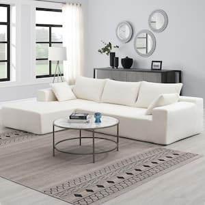 Modern Minimalist 109 in. W Square Arm 2-piece Polyester Modular Sectional Sofa in White with 2 Pillows