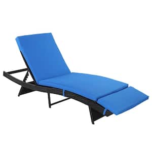 Black Back Adjustable Rattan Outdoor Lounge Chair Chaise Recliner with Blue Cushions