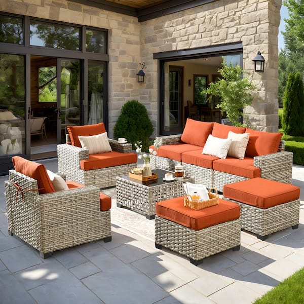 HOOOWOOO Kelley's 8-Piece Wicker Modern Outdoor Patio Conversation Sofa Seating Set with a LED Table and Orange Red Cushions