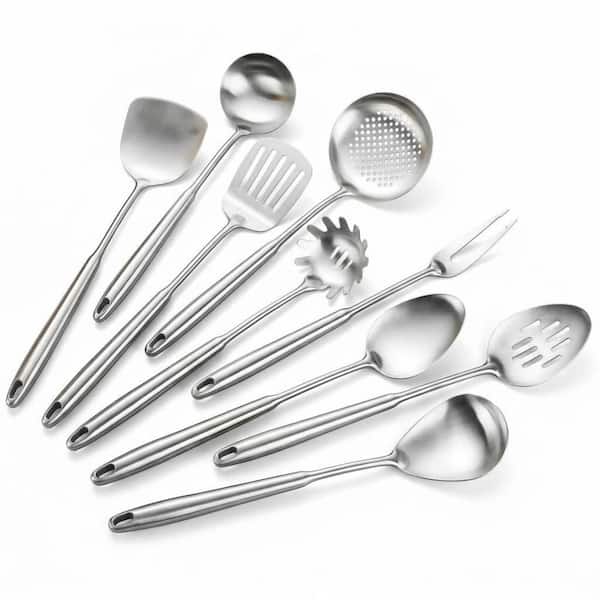 Stainless Steel Finish Kitchen Utensils Set 9 Piece Cooking Tools Hollow Handle Ergonomic Grip Dishwasher Safe