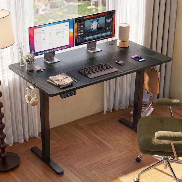 47 in. Rectangular Black Wood Electric Standing Desk with Hooks and Wire Holes