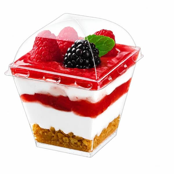 7 fl. oz. Clear Square Plastic Dessert Cups with Dome Lids and Spoons Set of 50 Dessert Sets