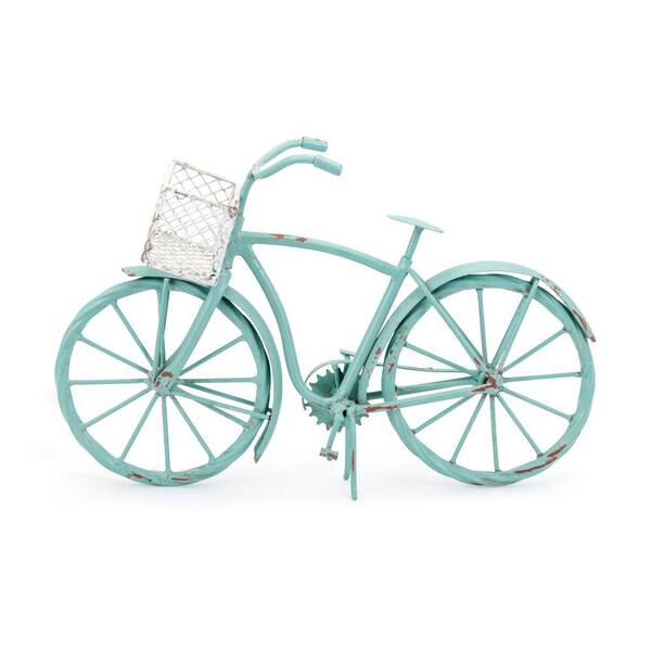 Benjara Retro Style Blue and White Decorative Iron Bike with Wired Basket