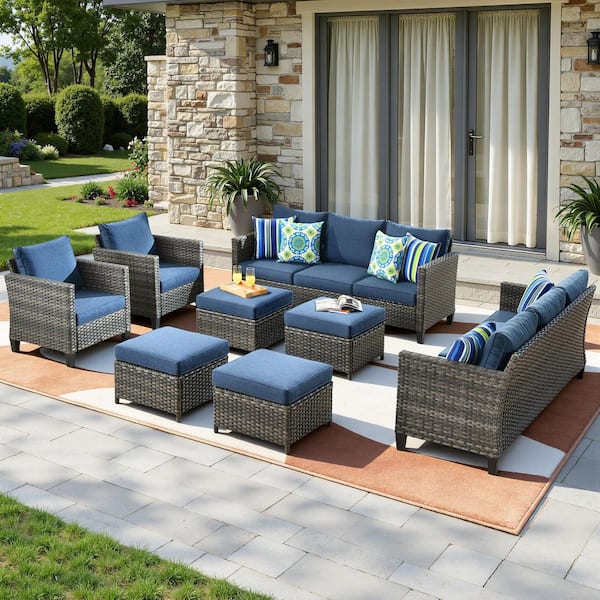 New Vultros Gray 8-Piece Wicker Outdoor Patio Conversation Seating Set with Blue Cushions