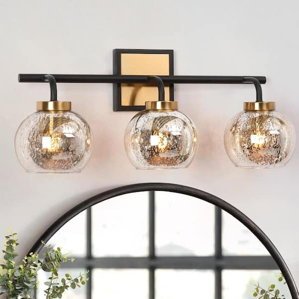 Zevni 22 in. 3-Light Black and Gold Bathroom Vanity Light, Modern Vintage Brass Vanity Light, Globe Mercury Glass Wall Sconce