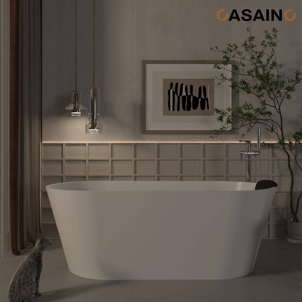 59" White Solid Surface Freestanding Soaking Bathtub with Black Pillow