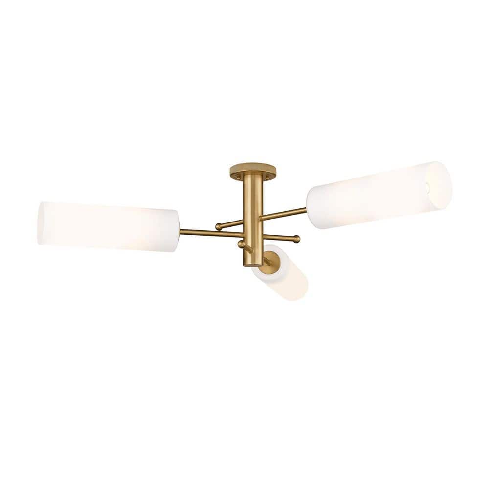 Crown Point 39.25 in. 3-Light Brushed Brass Industrial Flush Mount with Seeded Glass Shade price history on PriceWatchPro