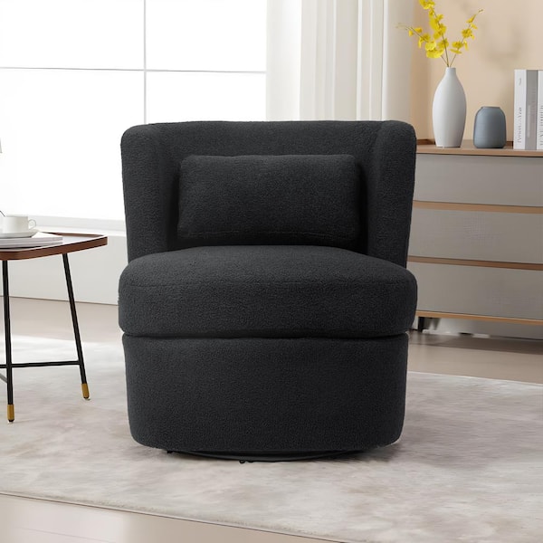 Modern Gray Teddy Fabric Upholstered 360-Degree Swivel Accent Barrel Chair with Metal Base and 1 Pillow(Set of 1)