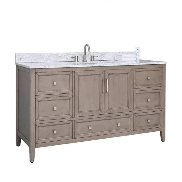 Everette 61 in. Single Sink Gray Oak Bath Vanity with Carrara White Marble Top