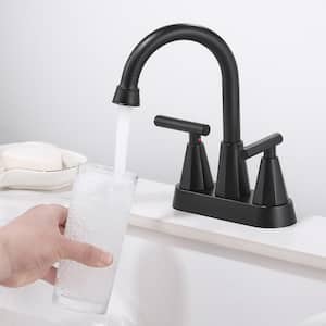 High-Gooseneck 4 in. Centerset Double Handle 360-Degree Rotation Bathroom Faucet with Drain Kit Included in Matte Black