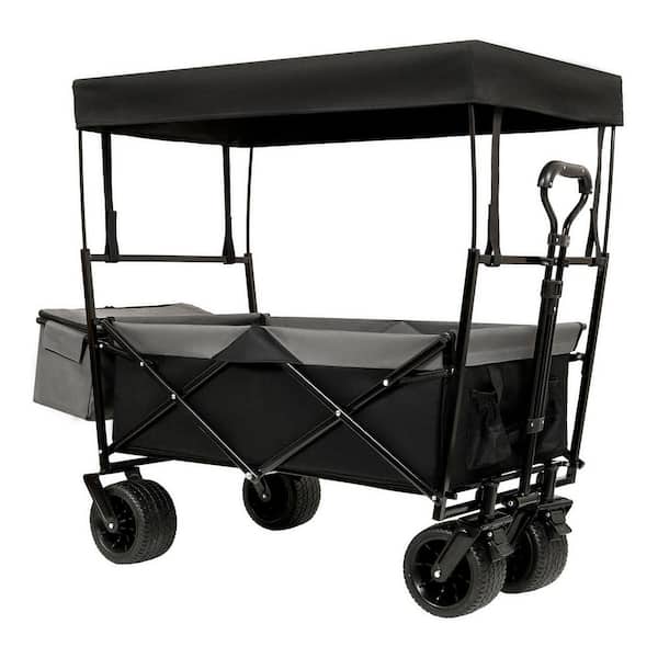 20 cu. ft. 480Lbs Collapsible Steel Wagon Garden Cart Powered Wheelbarrow with Canopy Black with Mosquito Net