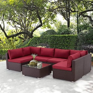 7-Pieces PE Wicker Patio Furniture Sets Outdoor Sectional Sofa Set with Red Cushions for 6-Person Seating Group