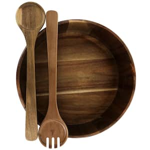 13 in. 70 fl. Oz. Brown Acacia Wood Salad Serving Bowl and Spoon (Set of 3)