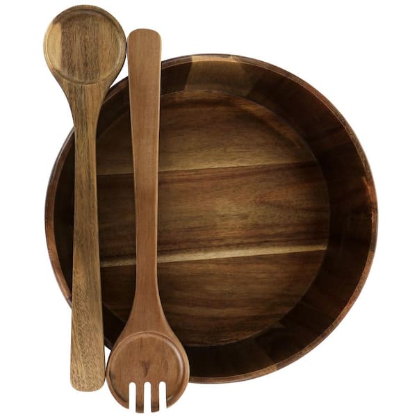 GIBSON ELITE 13 in. 70 fl. Oz. Brown Acacia Wood Salad Serving Bowl and Spoon (Set of 3)