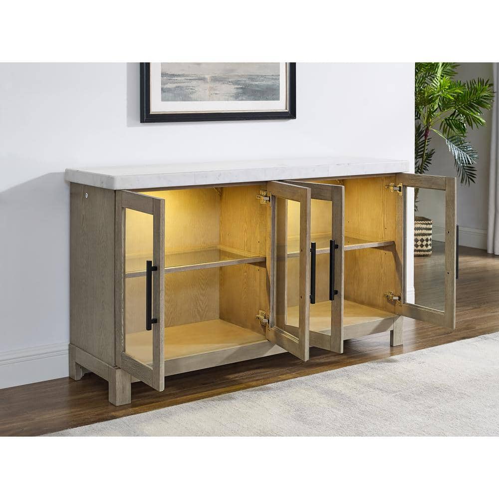 Carena Lighted White Marble and Wheat Wood Sideboard