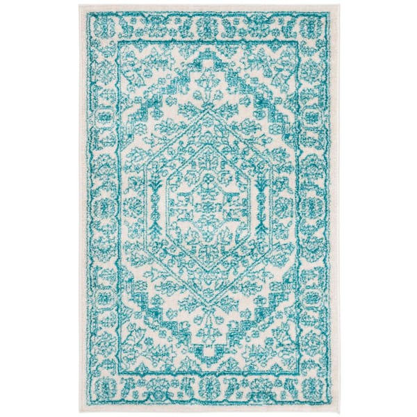 Adirondack Ivory/Teal 3 ft. x 5 ft. Border Medallion Area Rug