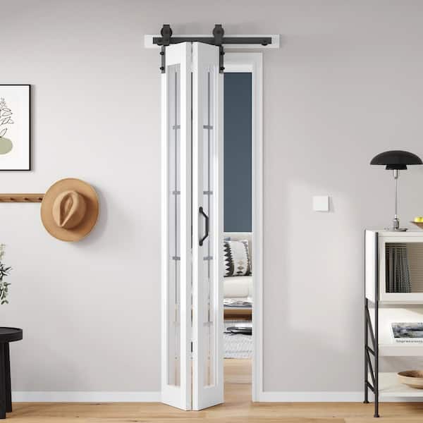 24 in. x 84 in. Full Lite Pre Assembled Frosted Glass Solid Core Wood White Finished Bi-Fold Door with Hardware