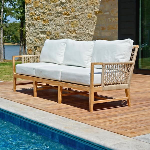 POSH POLLEN Nizuc Teak Outdoor Sofa Couch with White Cushions 9822 664 The Home Depot