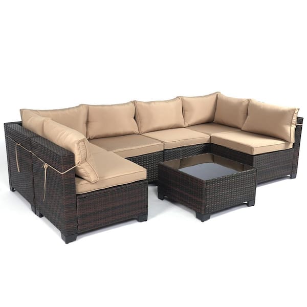 LeveLeve 7-Pieces Outdoor Patio Furniture Sets, Weaving Wicker Patio Sofa, Rattan Conversation Sectional Set with Tea Table Sand