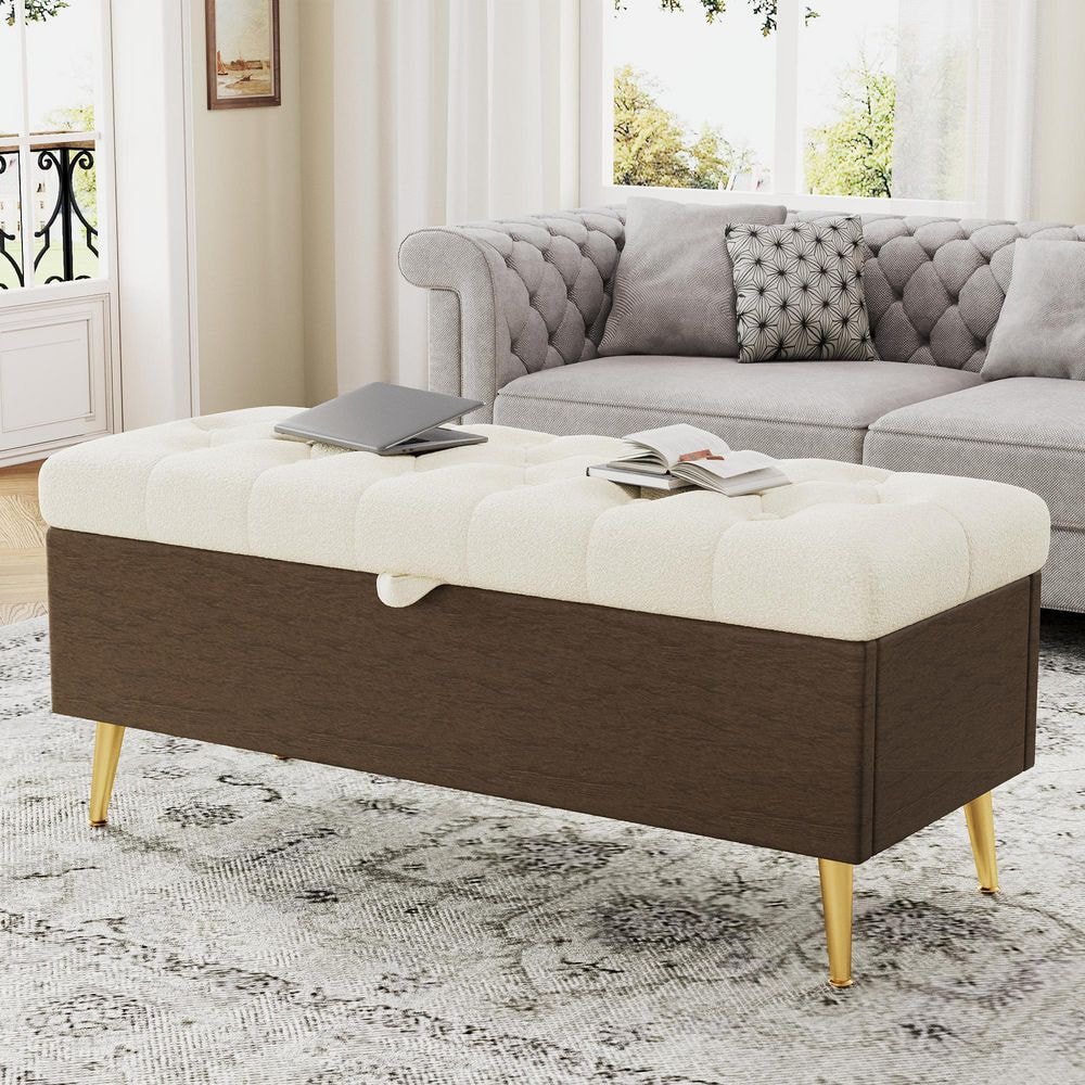 Kordell Beige Boucle Fabric Tufted Upholstered Rectangle Storage Ottoman Entryway Bedroom Bench with Gold Metal Legs price history on PriceWatchPro