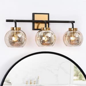 22 in. 3-Light Black and Gold Bathroom Vanity Light, Modern Vintage Brass Vanity Light, Globe Mercury Glass Wall Sconce