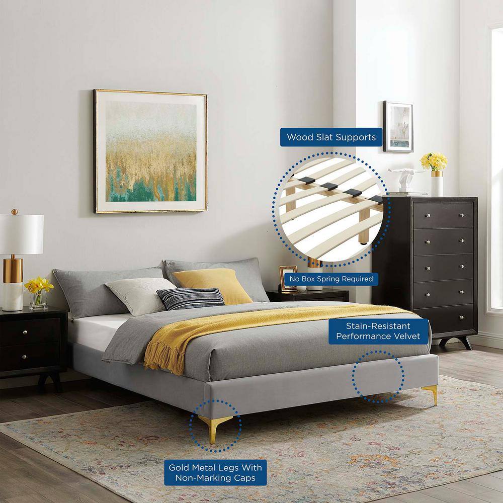 Sutton Full Performance Velvet Light Gray Bed Frame with Gold Legs