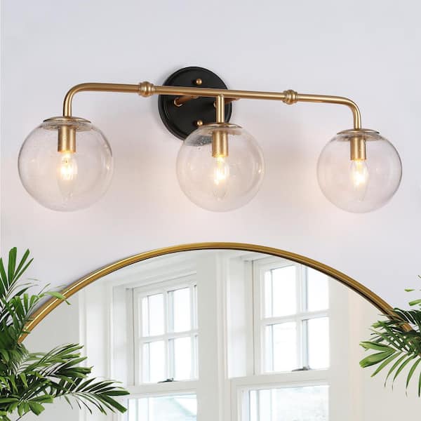 LNC Modern 24.5 in. 3-Light Vintage Gold Vanity Light Linear Wall Sconce with Black Accents and Seeded Glass Globe Shades