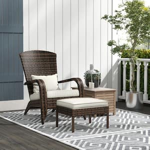 2-Piece Dark Brown Wicker Adirondack Chairs with Ottoman, Cream White Cushions for Deck, Garden and Backyard