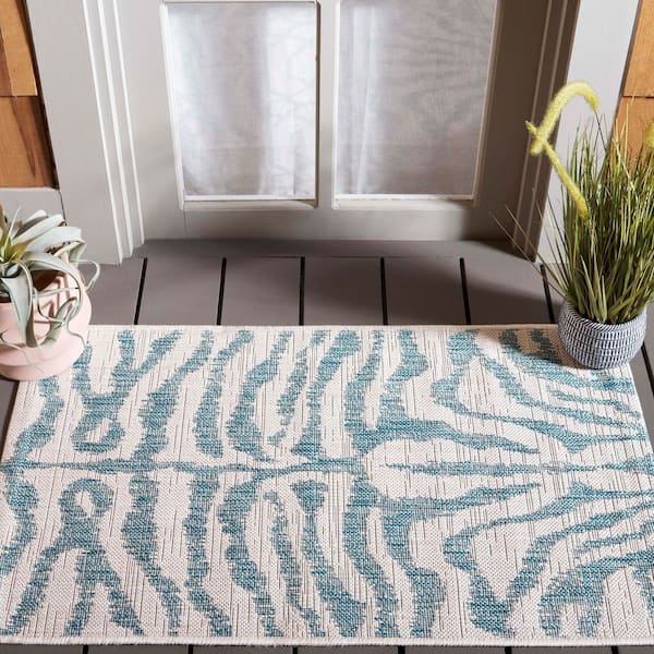 SAFAVIEH Courtyard Ivory/Aqua 2 ft. x 4 ft. Zebra Indoor/Outdoor
