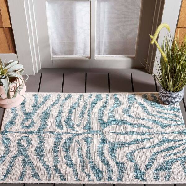 Courtyard Ivory/Aqua 2 ft. x 4 ft. Zebra Indoor/Outdoor Area Rug