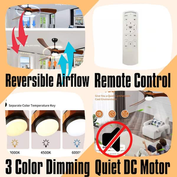 60 in. Indoor Brown Modern Ceiling Fan with LED Light with Remote Included, Downrod Mount