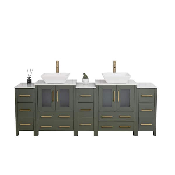 84 in. W Double Basin Vintage Green Bath Vanity with White Engineered Marble Top and Mirror