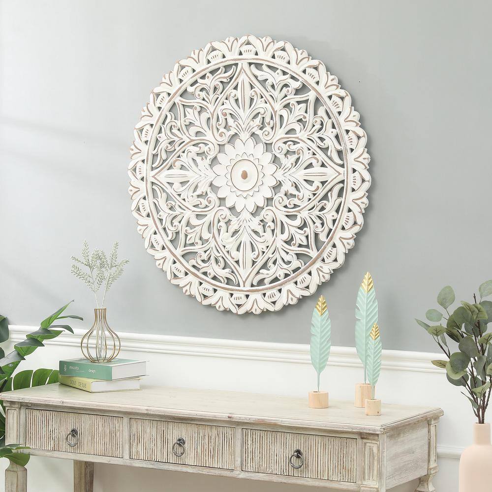 Distressed White and Brown Wood Floral Mandala Wall Art