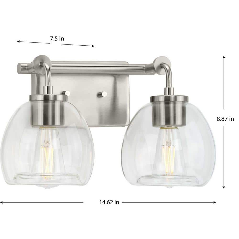 Caisson 14.62" Brushed Nickel Vanity Light with Clear Glass Shades