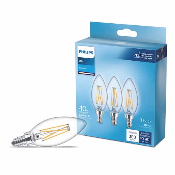 Recept komplet gasformig Philips 40-Watt Equivalent B11 Clear Glass Non-Dimmable E12 LED Light Bulb  Daylight 5000K (3-Pack) 567388 - The Home Depot