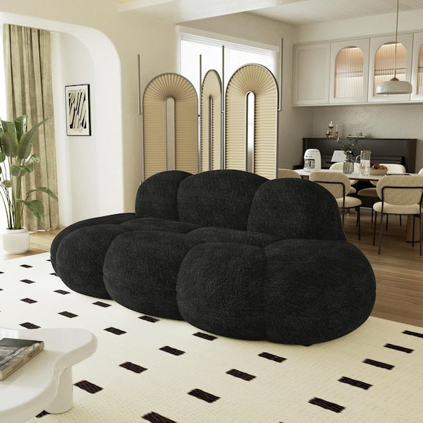 90 in. Armless Lamb Fleece Fabric Modern Cloud Shaped Couch Curved Leisure Sofa for Bedroom, Apartment in Black