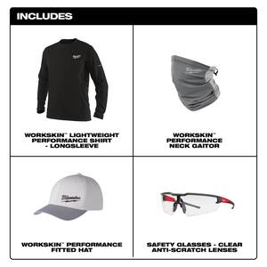 Men's WORKSKIN 3X-Large Black Long Sleeve T-Shirt with Large/XL Gray WORKSKIN Hat, Gray Gaiter and Clear Safety Glasses