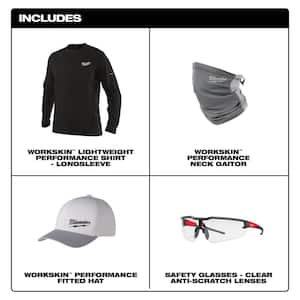 Men's WORKSKIN Small Black Long Sleeve T-Shirt with Large/XL Gray WORKSKIN Hat, Gray Gaiter and Clear Safety Glasses