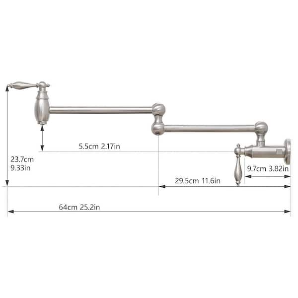 Single Hole Wall Mounted Pot Filler Kitchen Sink Faucet Folding Stretchable with 2 Handles in Brushed Nickel Brass