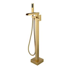 Single Handle Free Standing Waterfall Tub Filler Bathroom Tub Faucet with Handheld Shower in Brushed Gold