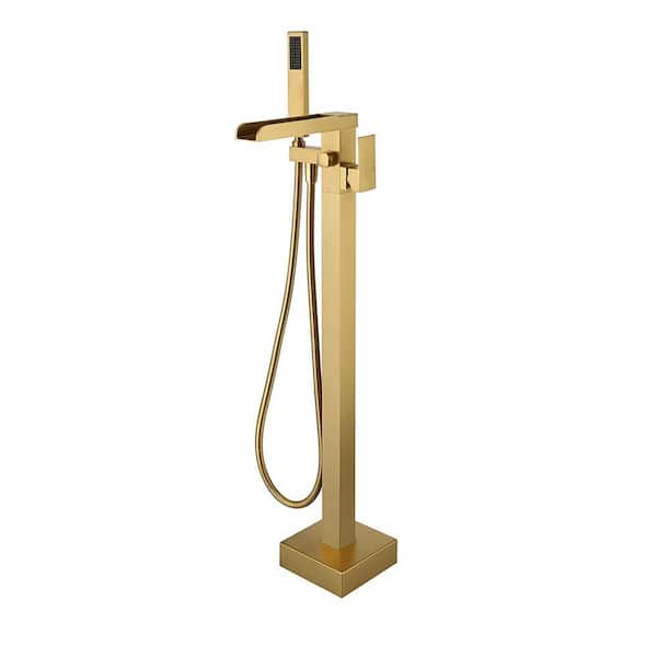 Tahanbath Single Handle Free Standing Waterfall Tub Filler Bathroom Tub Faucet with Handheld Shower in Brushed Gold