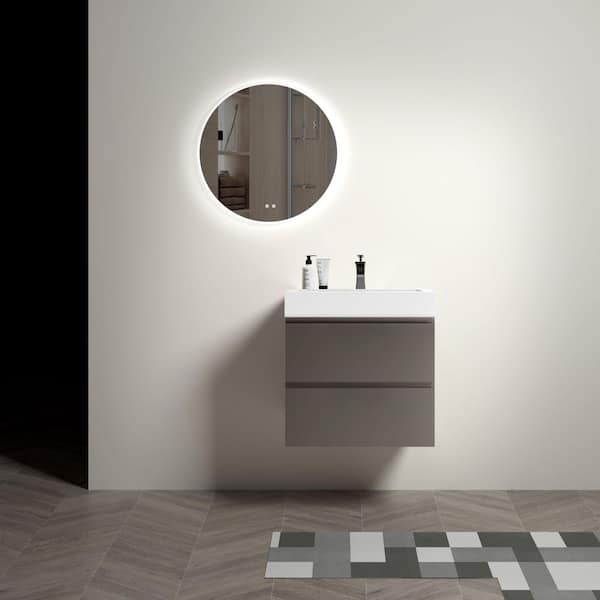 24 in. Single Sink Wall Mounted Gray Bath Vanity with White Solid Surface Top Pre-assembled
