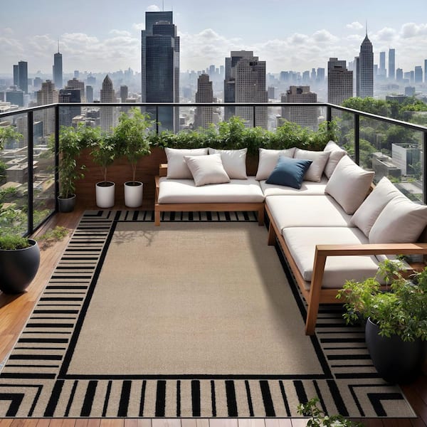 Edge Beige 9 ft. x 12 ft. Rubber Back Washable Geometric Border Indoor Outdoor Patio Area Rug