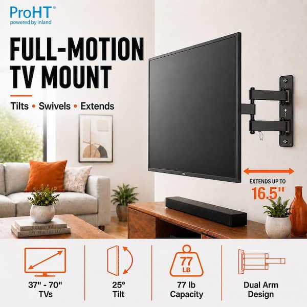 Full Motion Dual Arm TV Wall Mount for 37 in. - 70 in. Flat Panel TV's with 25 Degree Tilt, 77 lb. Load Capacity