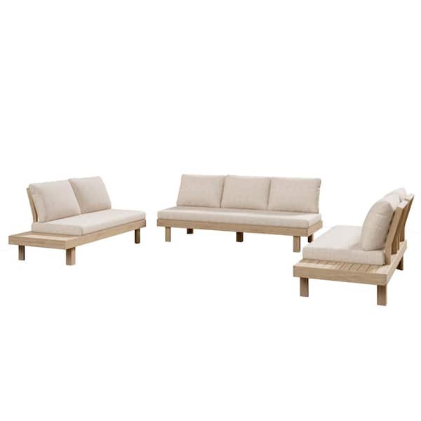 Light brown acacia Wood Outdoor Sectional Set with light white Cushions