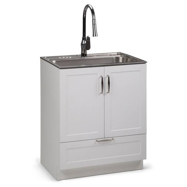 Simpli Home Reed 28 in. W x 19 in. D in. x 35 in. H Laundry Cabinet with Pull-Out Faucet and Stainless Steel Laundry/Utility Sink