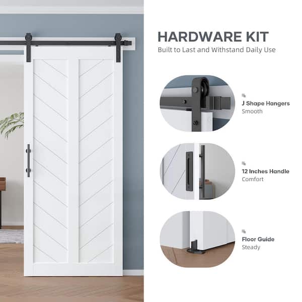 36 in. x 84 in. V Shape Solid MDF Panel White Finished Herringbone Sliding Barn Door with Hardware Kit